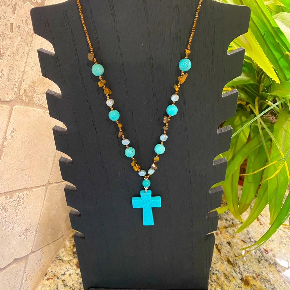 Turquoise 12” cross necklace